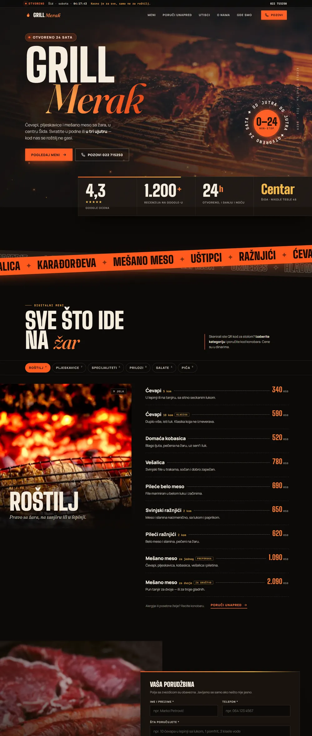 Grill Merak demo: grill restaurant homepage with a filterable menu